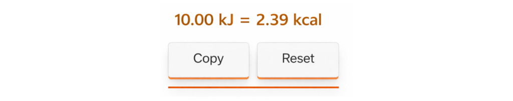 Home kj to cal copy and reset button for energy values like kilojoules and kilocalories