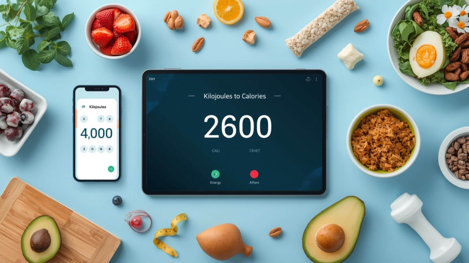 Digital nutrition calculator with healthy food items and energy conversion visuals representing kJ to calorie conversion.